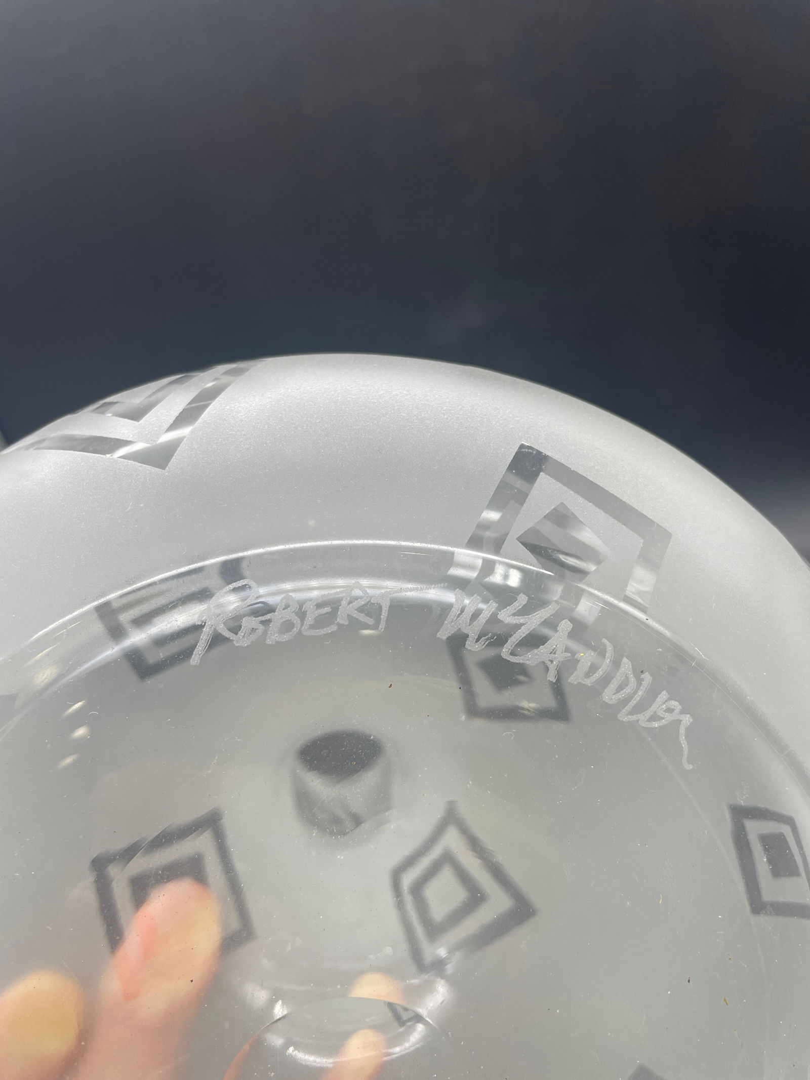 Art Glass Decanter Robert McCandless Signed, Etched Frosted Geometric Pattern - 6