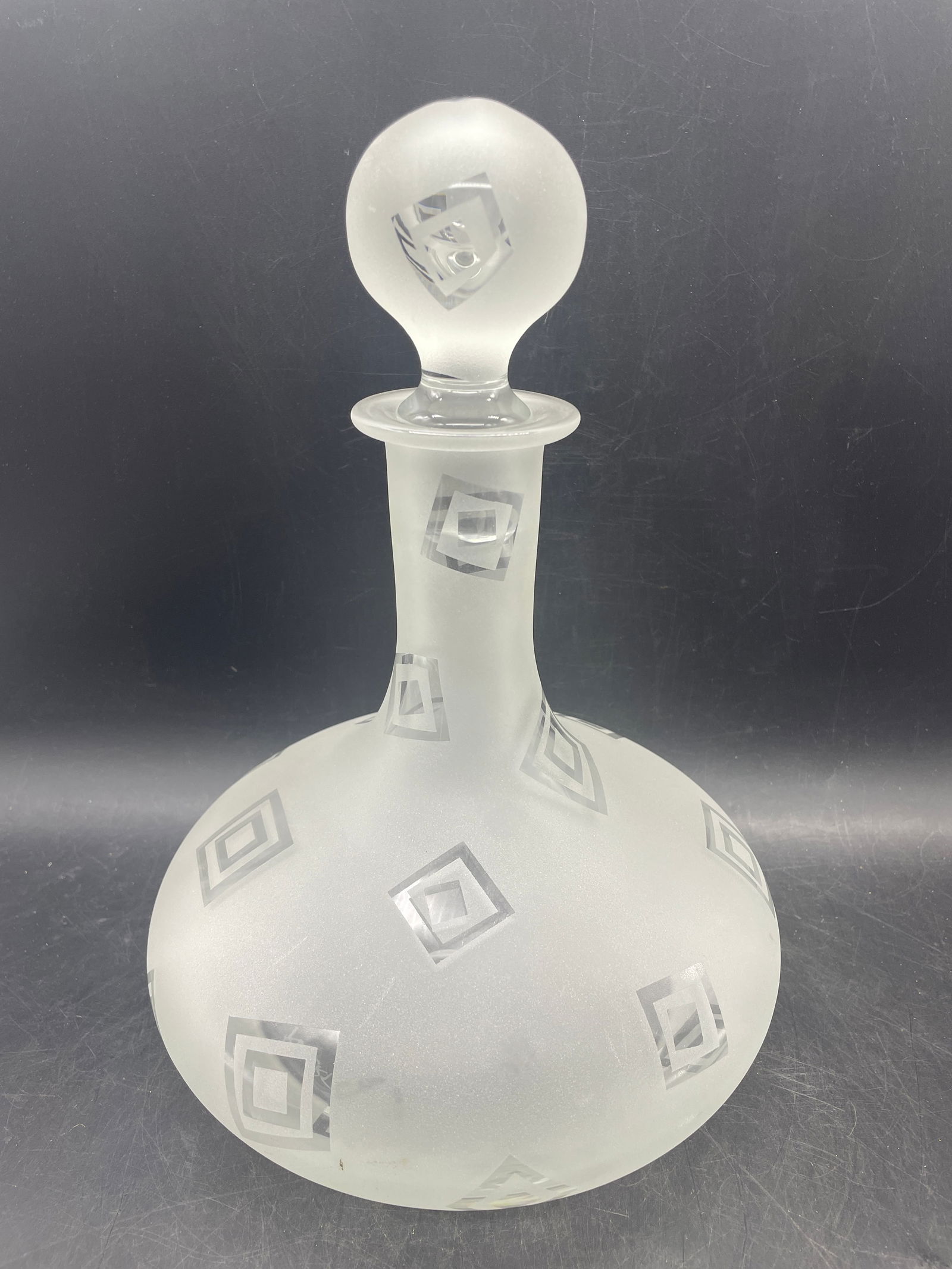 Art Glass Decanter Robert McCandless Signed, Etched Frosted Geometric Pattern - 7