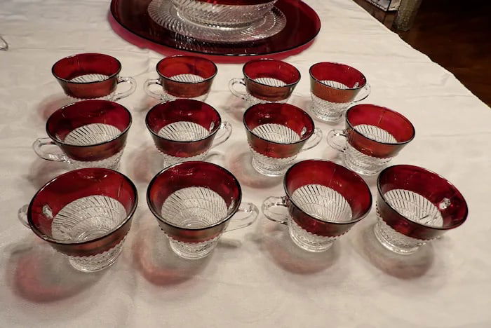 Ruby Flashed Punch Bowl Underplate Cups - 4