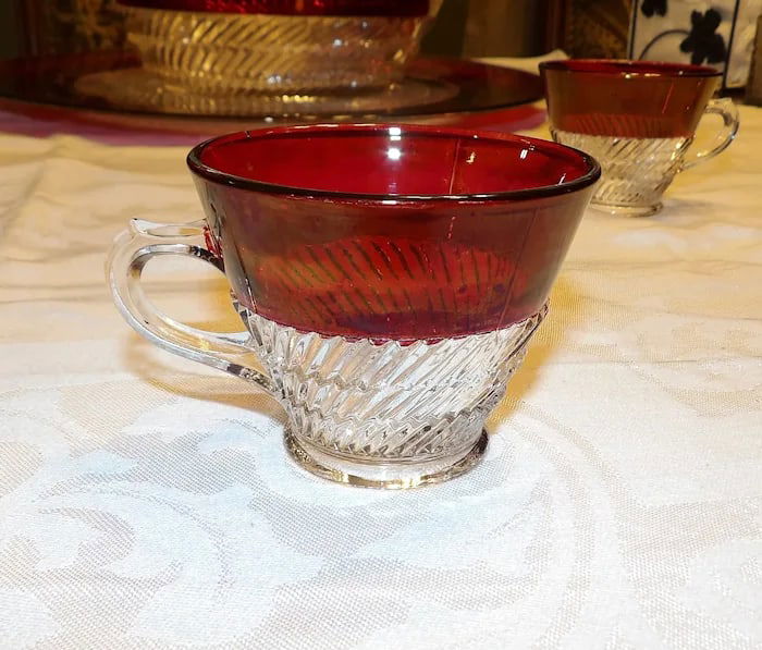 Ruby Flashed Punch Bowl Underplate Cups - 5