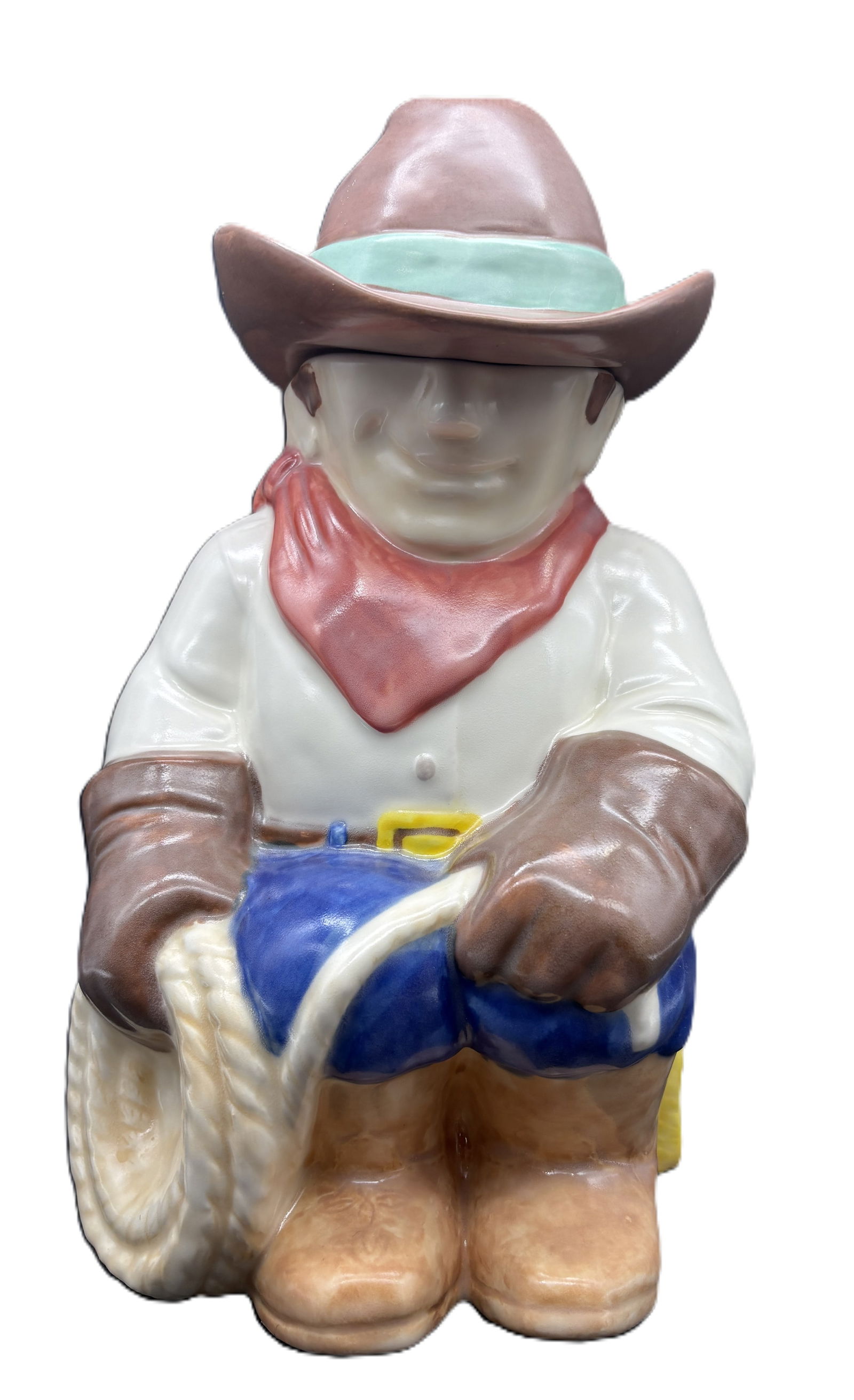 Vintage Treasure Craft COWBOY Ceramic Cookie Jar: Date/Period: unknownDimension: Approx. 12" x 8" x 8"Material: ceramicAdditional Information: Vintage Treasure Craft COWBOY Ceramic Cookie Jar. Shipping:Domestic: Flat-rate of $25.00 to anywhere