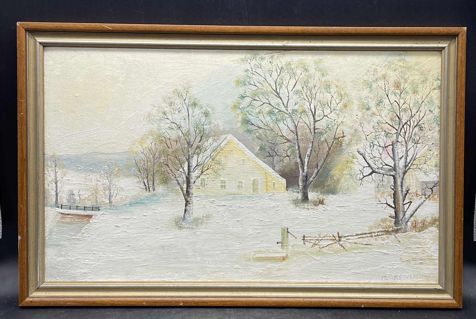 PA FOLK ART Winter Landscape w House PAINTING C. REINHOLD Oil Painting Framed - 2