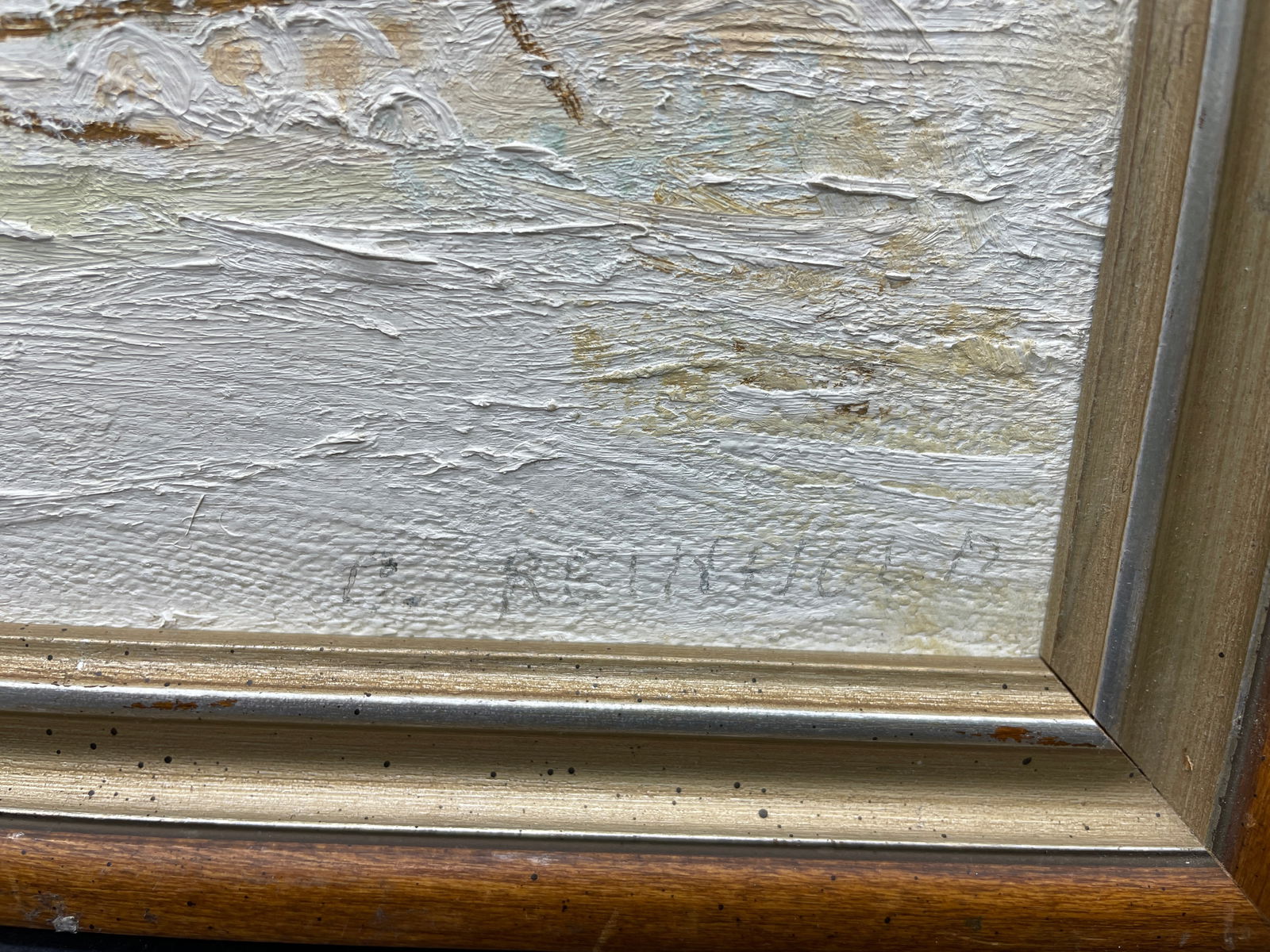 PA FOLK ART Winter Landscape w House PAINTING C. REINHOLD Oil Painting Framed - 4