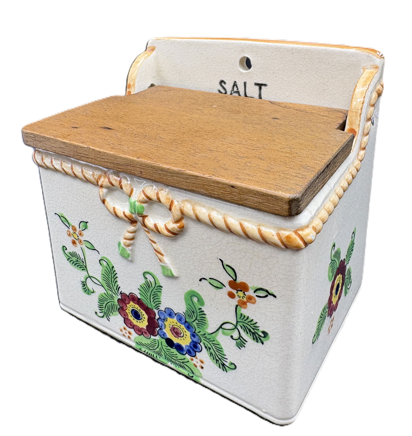 Vintage Made In Japan Ceramic Hanging Salt Box With Wooden Lid - 2