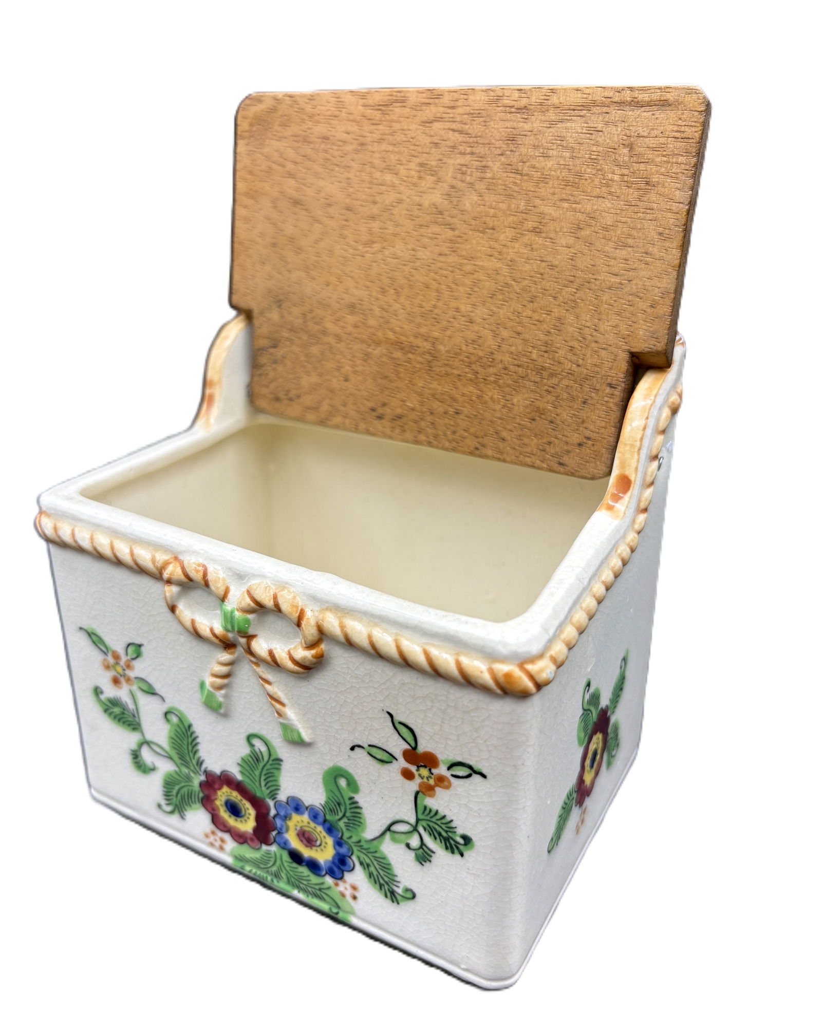 Vintage Made In Japan Ceramic Hanging Salt Box With Wooden Lid - 3