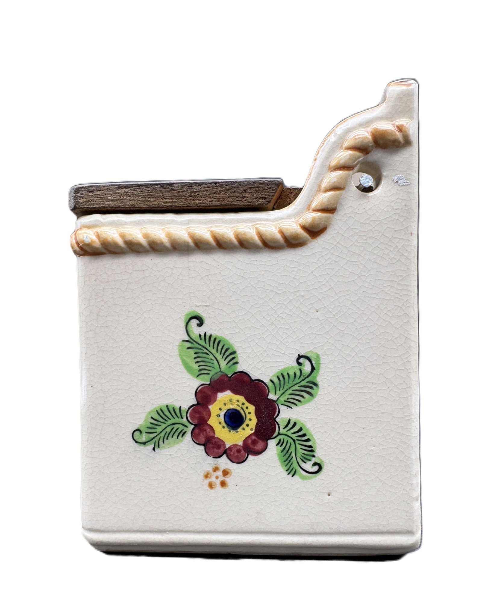 Vintage Made In Japan Ceramic Hanging Salt Box With Wooden Lid - 4