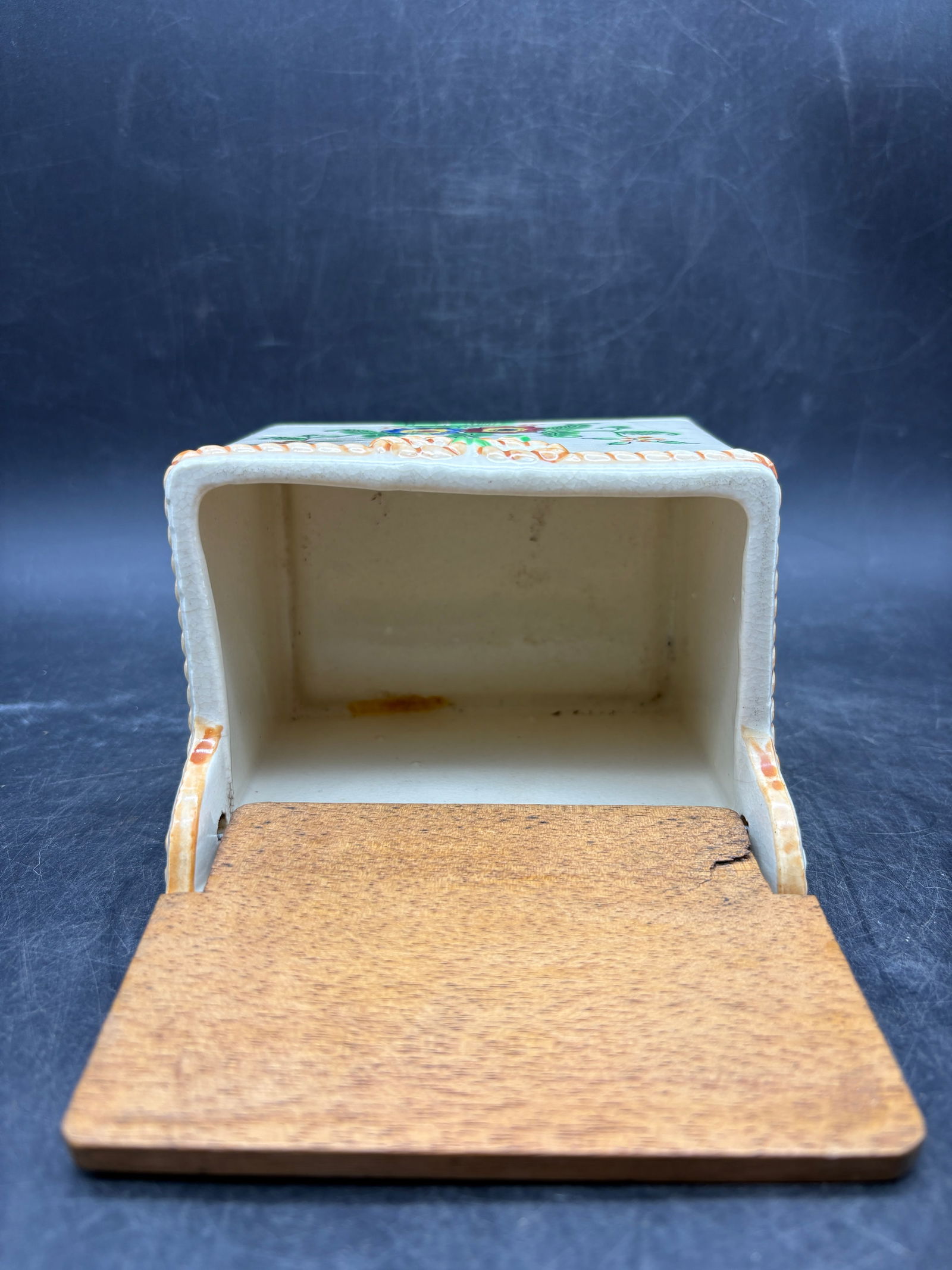 Vintage Made In Japan Ceramic Hanging Salt Box With Wooden Lid - 7