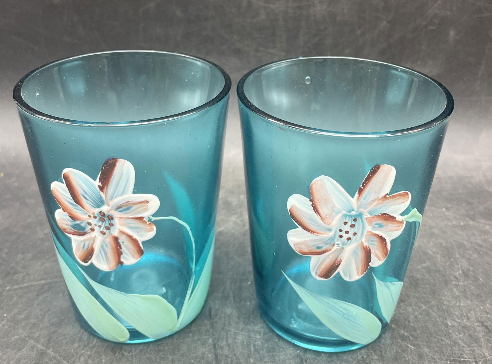 Antique Hand Painted Victorian Blue Glass Tumblers - 2