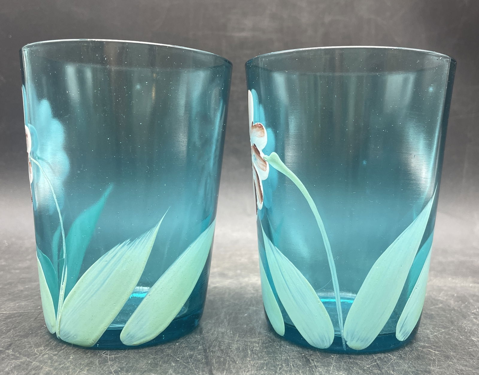 Antique Hand Painted Victorian Blue Glass Tumblers - 3