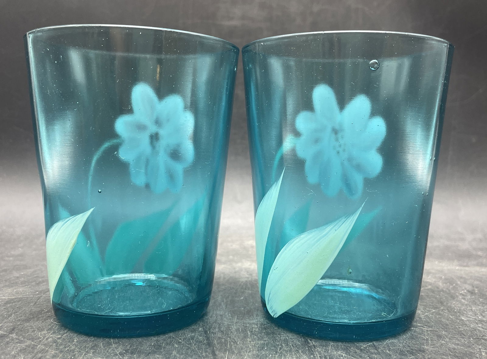 Antique Hand Painted Victorian Blue Glass Tumblers - 4