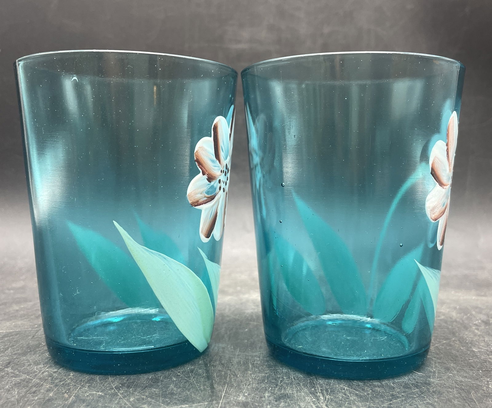 Antique Hand Painted Victorian Blue Glass Tumblers - 5