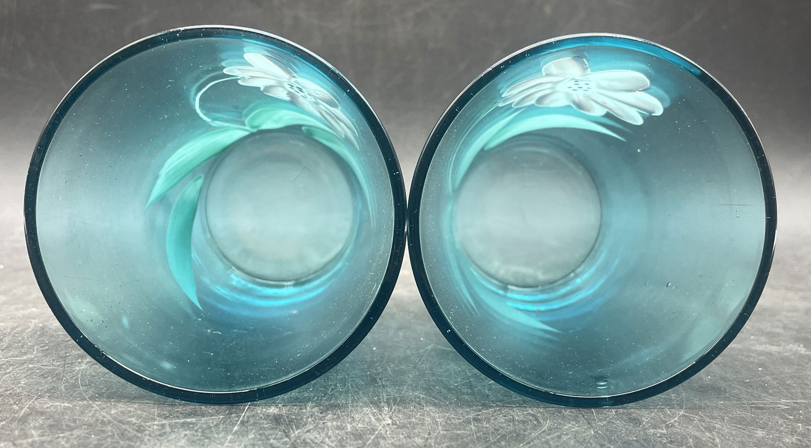 Antique Hand Painted Victorian Blue Glass Tumblers - 6