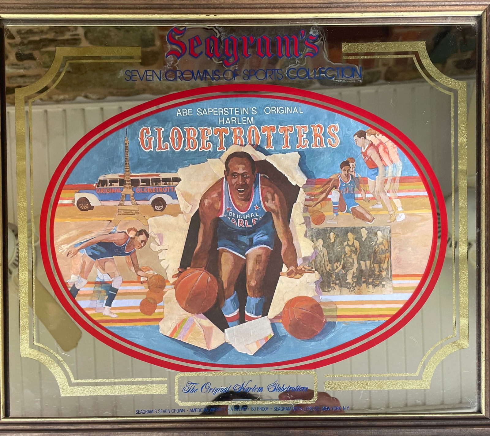 RARE BASKETBALL SEAGRAM'S HARLEM GLOBETROTTERS WOOD FRAMED BAR MIRROR - 4