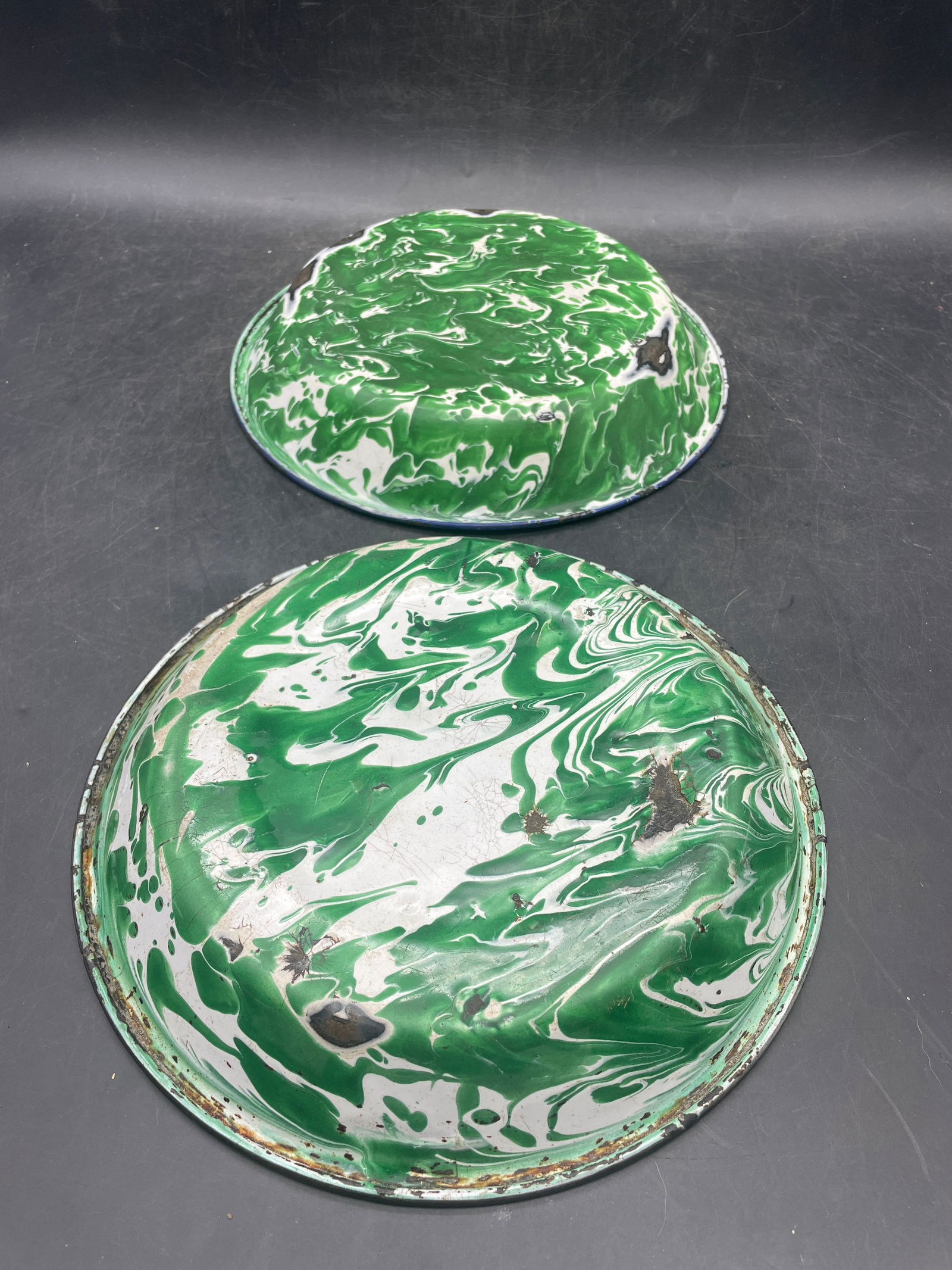 Pair of Antique Enamelware Chrysolite Green & White Graniteware Pie Plates - 6