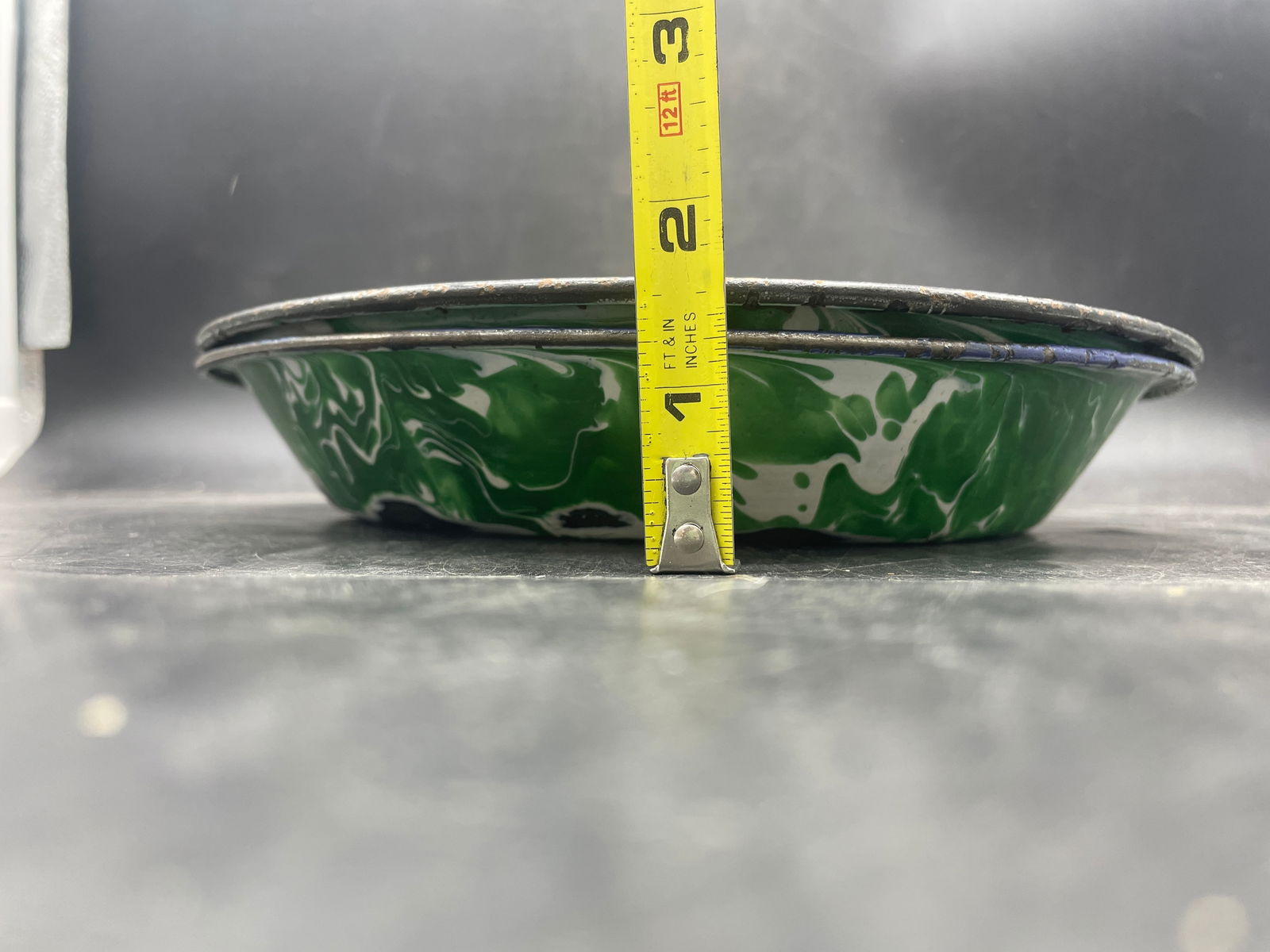 Pair of Antique Enamelware Chrysolite Green & White Graniteware Pie Plates - 7