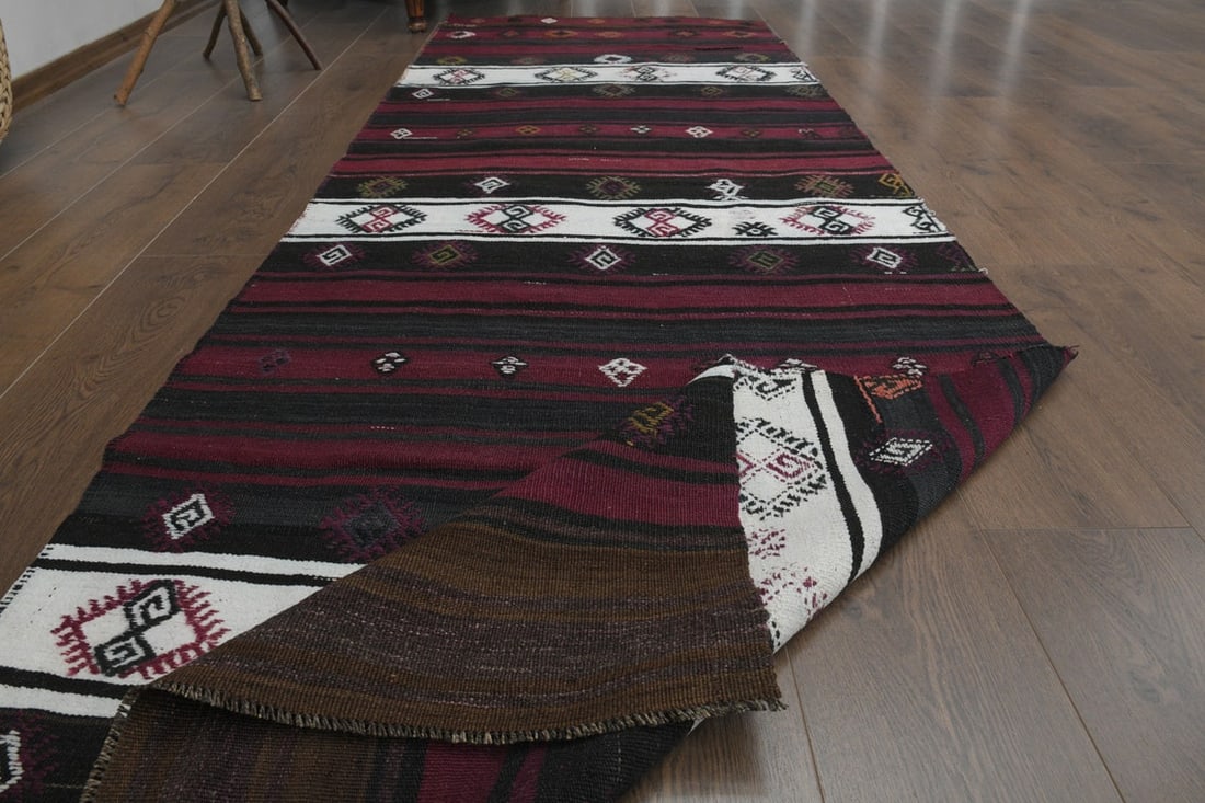 3.2x9.2 ft, STRIPED KILIM RUNNER: Title: 3.2x9.2 ft, STRIPED KILIM RUNNER Origin: Turkey Date/Period: 1960 - 1970 Materials: Wool and Cotton Size: Width: 3.2 feet; Length: 9.2 feet Description: This Turkish one-of-a-kind Vintage Flatw