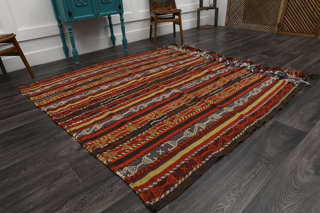 6.1x6.4 ft, TURKISH Rug, Kilim Rug: Title: 6.1x6.4 ft, TURKISH Rug, Kilim Rug Origin: Turkey Date/Period: 1960 - 1970 Materials: Wool and Cotton Size: Width: 6.1 feet; Length: 6.4 feet Description: This Turkish one-of-a-kind Vintage