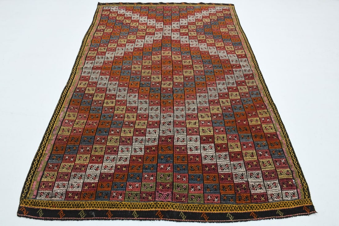 5.7x8.9 ft, COLORFUL DÉCOR: Title: 5.7x8.9 ft, COLORFUL DÉCOR Origin: Turkey Date/Period: 1960 - 1970 Materials: Wool and Cotton Size: Width: 5.7 feet; Length: 8.9 feet Description: This Turkish one-of-a-kind Vintage