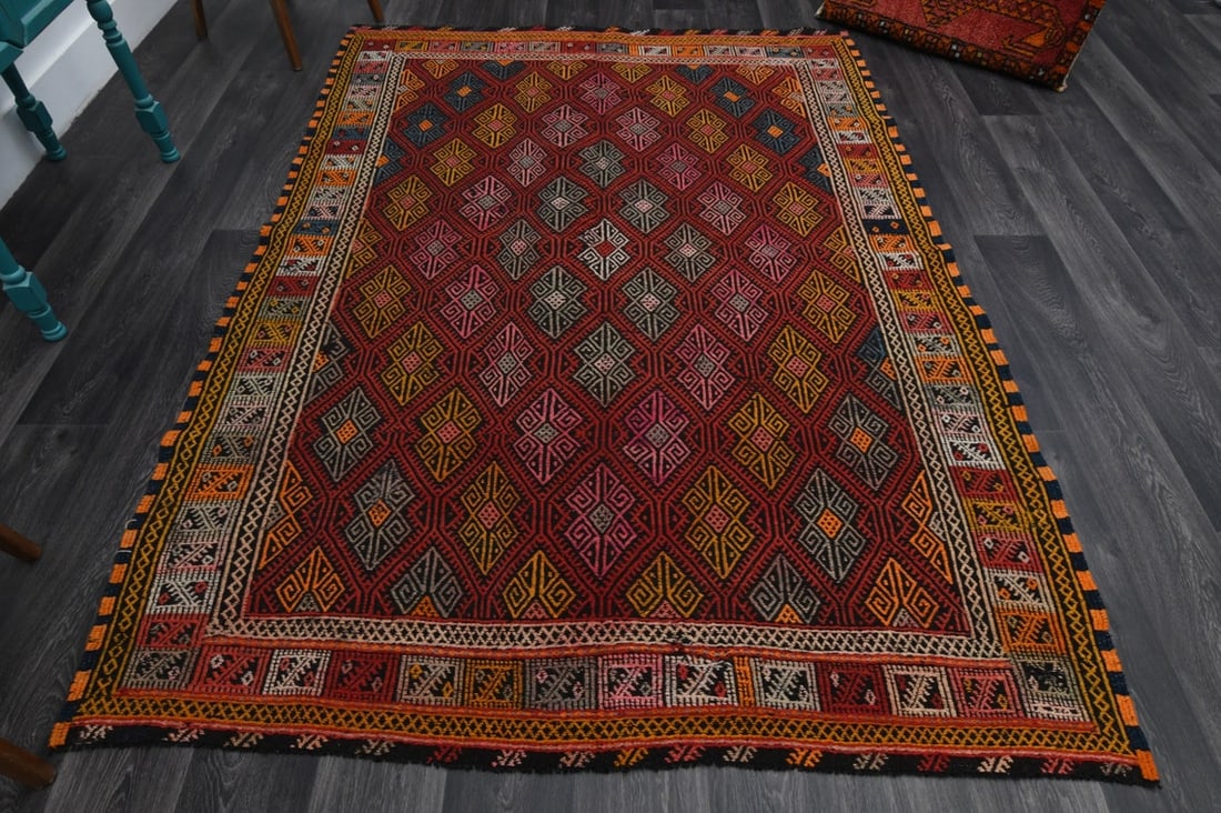 5.8x8.2 ft, Kilim Kilim Rug: Title: 5.8x8.2 ft, Kilim Kilim Rug Origin: Turkey Date/Period: 1960 - 1970 Materials: Wool and Cotton Size: Width: 5.8 feet; Length: 8.2 feet Description: This Turkish one-of-a-kind Vintage Flatweave