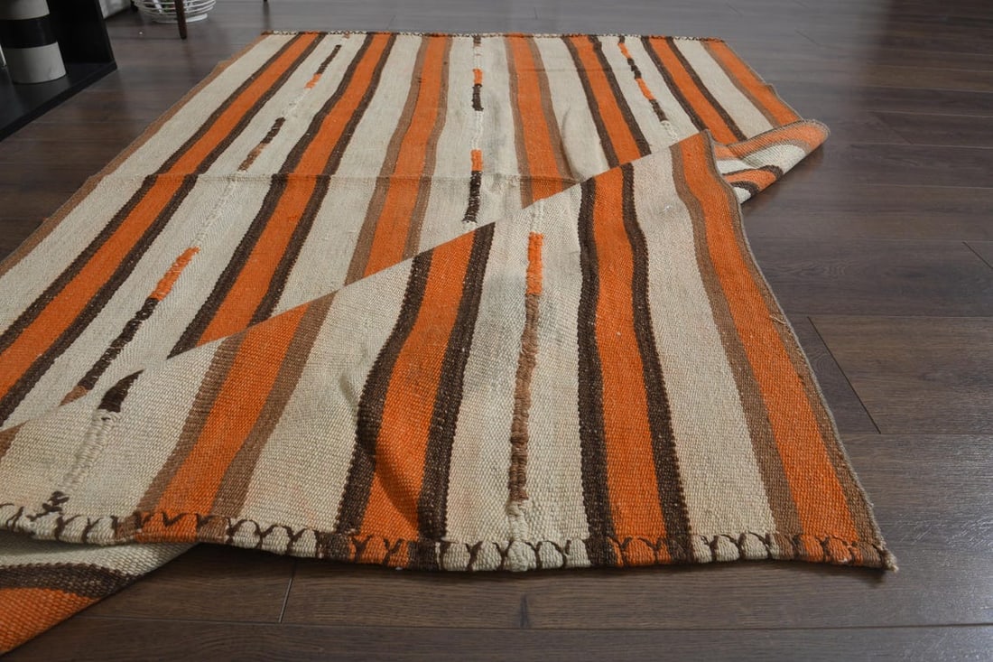 4x6.3 ft, COLORFUL KILIM RUG: Title: 4x6.3 ft, COLORFUL KILIM RUG Origin: Turkey Date/Period: 1960 - 1970 Materials: Wool and Cotton Size: Width: 4 feet; Length: 6.3 feet Description: This Turkish one-of-a-kind Vintage Flatweave
