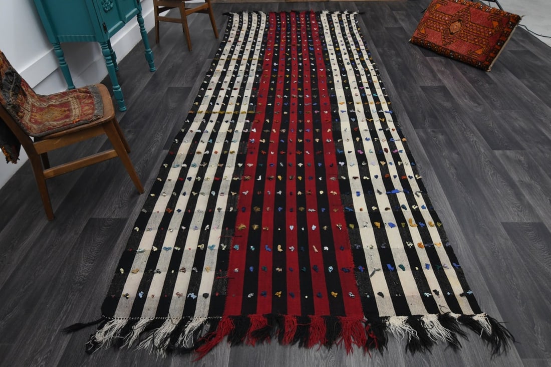 5x13.3 ft, TURKISH Wide Runner: Title: 5x13.3 ft, TURKISH Wide Runner Origin: Turkey Date/Period: 1960 - 1970 Materials: Wool and Cotton Size: Width: 5 feet; Length: 13.3 feet Description: This Turkish one-of-a-kind Vintage Flatweav