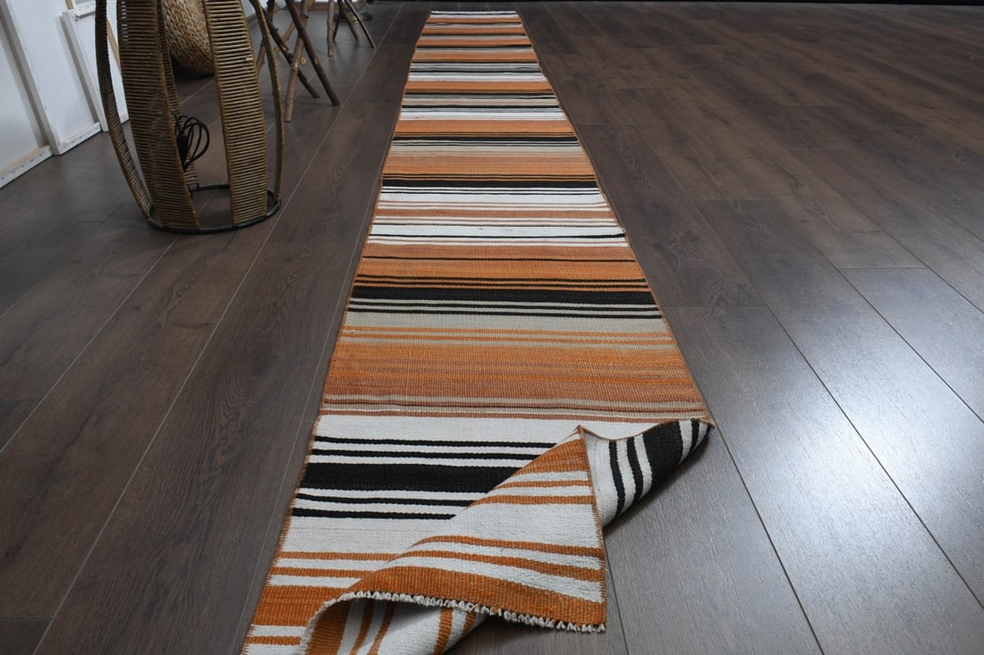 1'8x15'5 ft, ORANGE STRIPED RUNNER: Title: 1'8x15'5 ft, ORANGE STRIPED RUNNER Origin: Turkey Date/Period: 1960 - 1970 Materials: Wool and Cotton Size: Width: 1.8 feet; Length: 15.5 feet Description: This Turkish one-of-a-kind Vintage