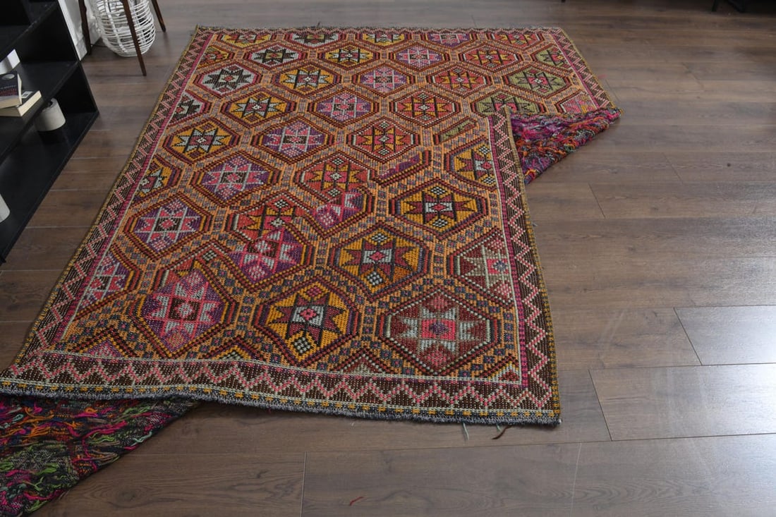 6'2x9'2 ft, ORANGE PINK KILIM, Boho Chic: Title: 6'2x9'2 ft, ORANGE PINK KILIM, Boho Chic Origin: Turkey Date/Period: 1960 - 1970 Materials: Wool and Cotton Size: Width: 6.2 feet; Length: 9.2 feet Description: This Turkish one-of-a-kind