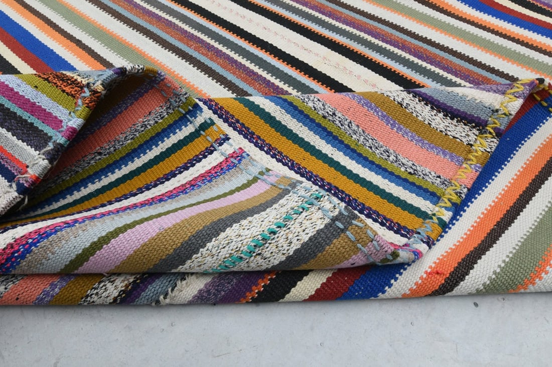 10'5x13'3 ft, COLORFUL HANDWOVEN RUG: Title: 10'5x13'3 ft, COLORFUL HANDWOVEN RUG Origin: Turkey Date/Period: 1960 - 1970 Materials: Wool and Cotton Size: Width: 10.5 feet; Length: 13.3 feet Description: This Turkish one-of-a-kind