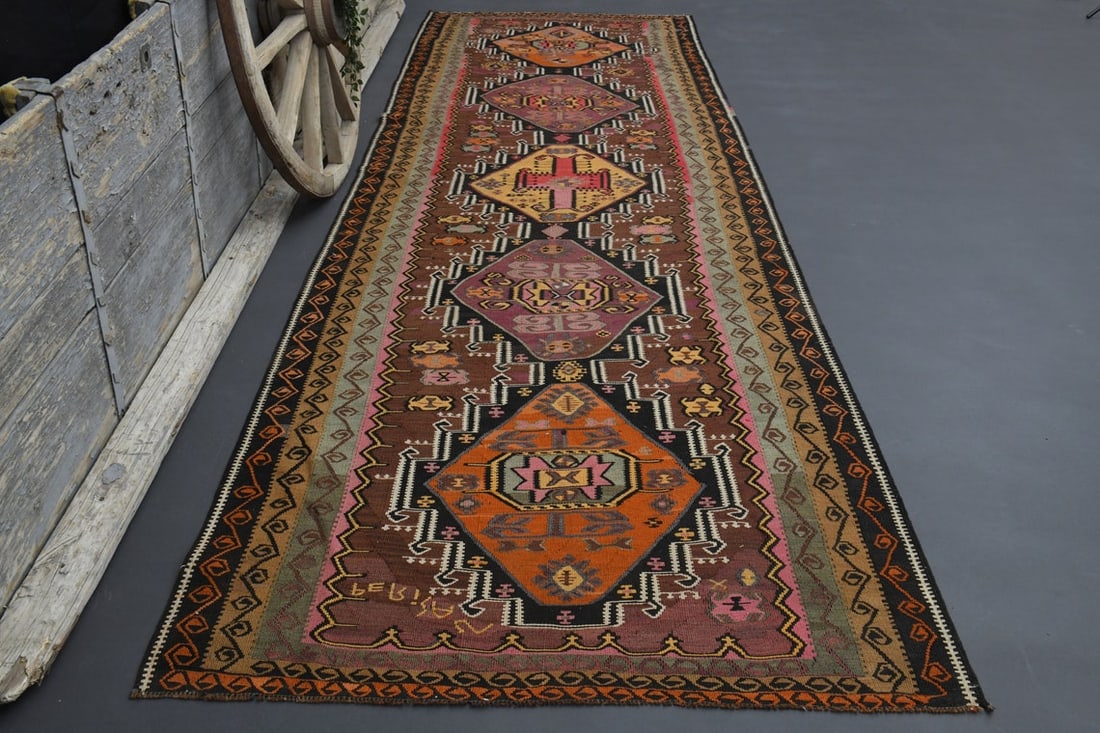 4.9x14.6 TURKISH KILIM RUG: Title: 4.9x14.6 TURKISH KILIM RUG Origin: Turkey Date/Period: 1960 - 1970 Materials: Wool and Cotton Size: Width: 4.9 feet; Length: 14.6 feet Description: This Turkish one-of-a-kind Vintage Flatweave
