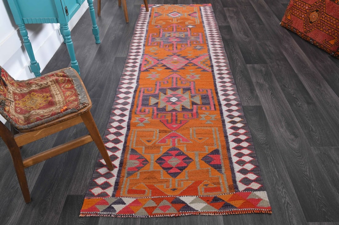 3.1x10 ft, TURKISH KILIM Runner: Title: 3.1x10 ft, TURKISH KILIM Runner Origin: Turkey Date/Period: 1960 - 1970 Materials: Wool and Cotton Size: Width: 3.1 feet; Length: 10 feet Description: This Turkish one-of-a-kind Vintage