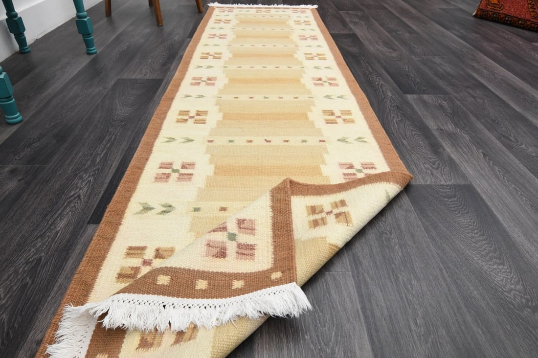 2.6x9.4 ft, TURKISH KILIM Runner: Title: 2.6x9.4 ft, TURKISH KILIM Runner Origin: Turkey Date/Period: 1960 - 1970 Materials: Wool and Cotton Size: Width: 2.6 feet; Length: 9.4 feet Description: This Turkish one-of-a-kind Vintage