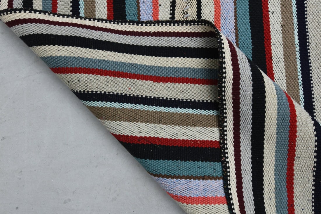 10.8x13.3 ft, RAINBOW KILIM RUG: Title: 10.8x13.3 ft, RAINBOW KILIM RUG Origin: Turkey Date/Period: 1960 - 1970 Materials: Wool and Cotton Size: Width: 10.8 feet; Length: 13.3 feet Description: This Turkish one-of-a-kind Vintage