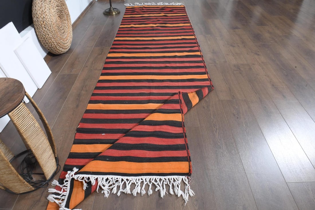 3.1x10.8 ft, STRIPED KILIM RUNNER: Title: 3.1x10.8 ft, STRIPED KILIM RUNNER Origin: Turkey Date/Period: 1960 - 1970 Materials: Wool and Cotton Size: Width: 3.1 feet; Length: 10.8 feet Description: This Turkish one-of-a-kind Vintage Fla