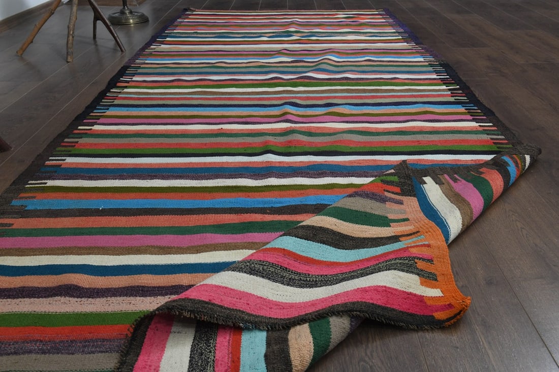 4'5x11'5 ft, WIDE RUNNER RUG: Title: 4'5x11'5 ft, WIDE RUNNER RUG Origin: Turkey Date/Period: 1960 - 1970 Materials: Wool and Cotton Size: Width: 4.5 feet; Length: 11.5 feet Description: This Turkish one-of-a-kind Vintage Flatweav