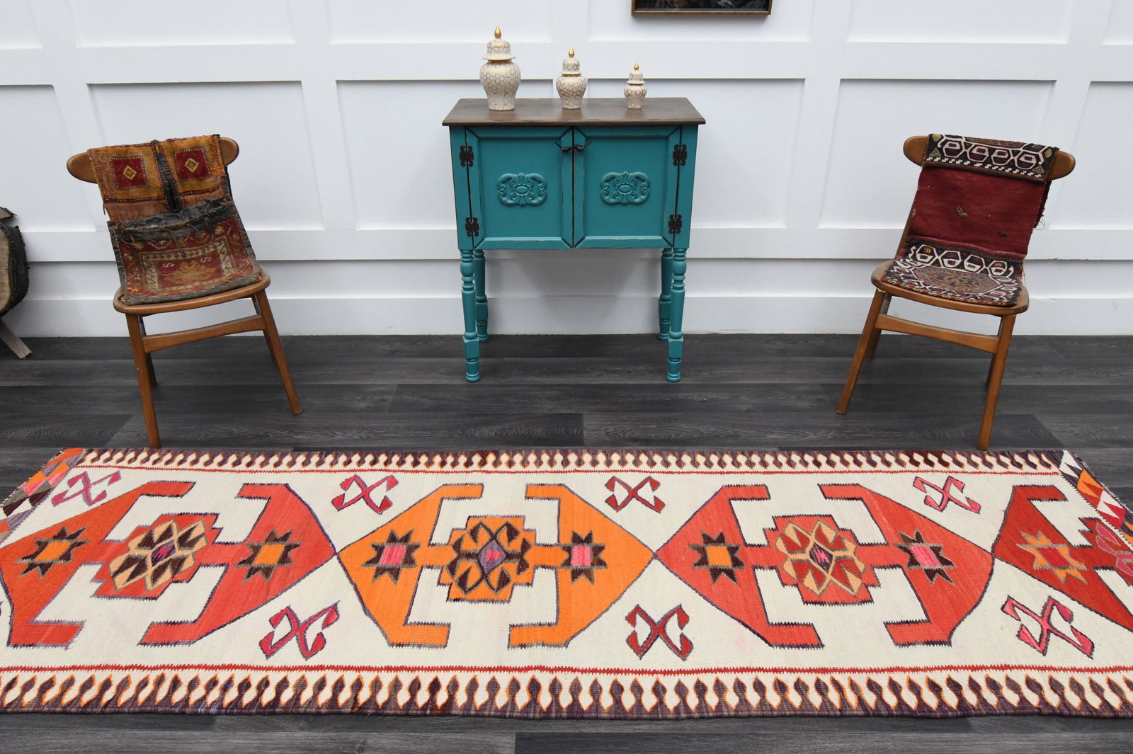 3.1x10 ft, White & Red KILIM Runner - 11