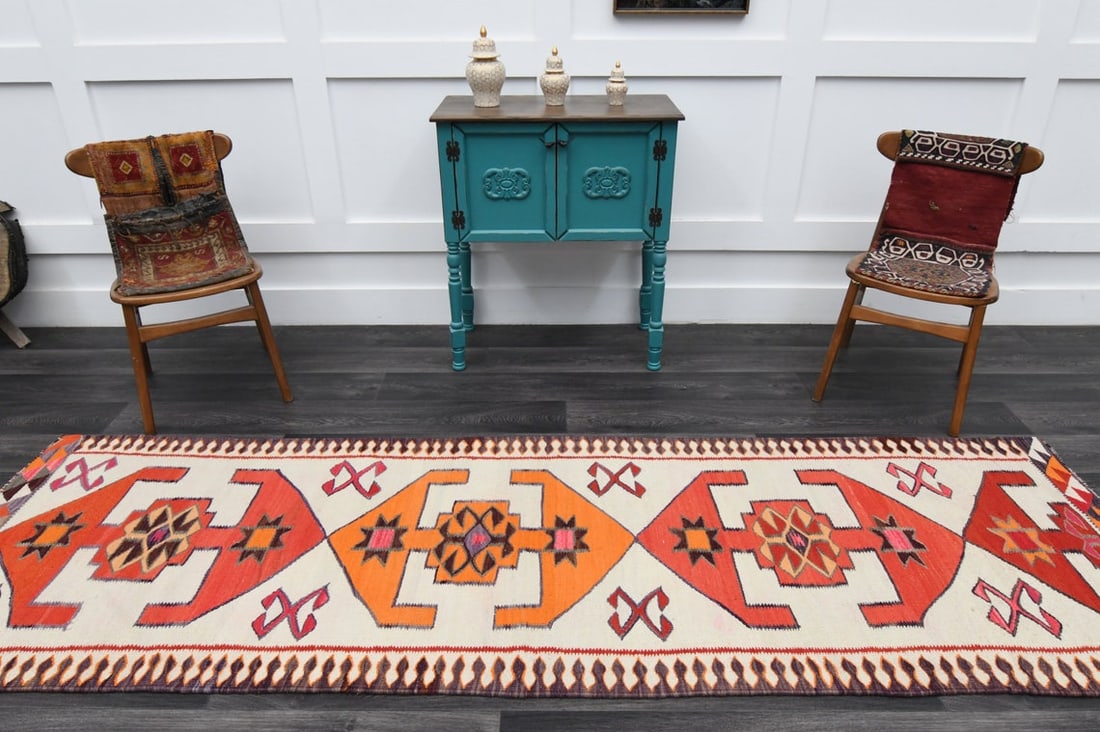 3.1x10 ft, White & Red KILIM Runner - 3