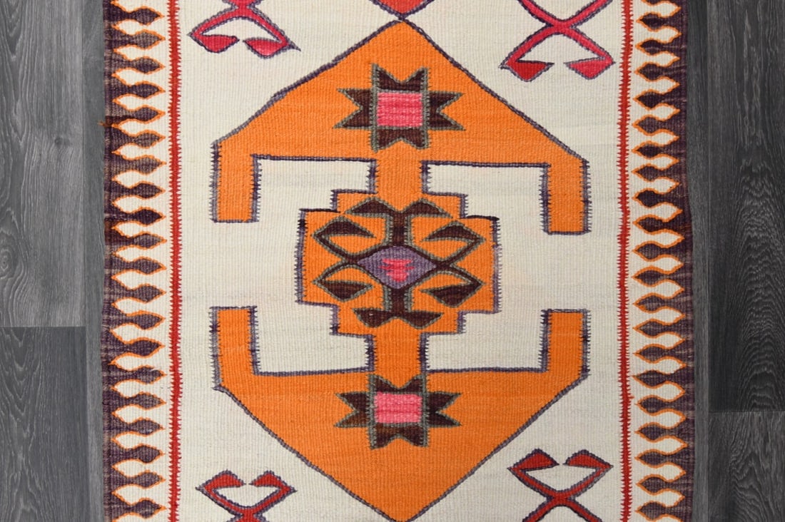 3.1x10 ft, White & Red KILIM Runner - 6