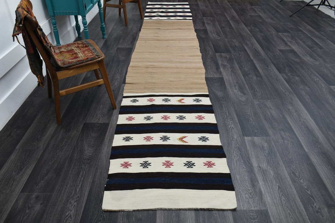 2.7x14.9 ft, TURKISH RUNNER RUG, Oushak: Title: 2.7x14.9 ft, TURKISH RUNNER RUG, Oushak Origin: Turkey Date/Period: 1960 - 1970 Materials: Wool and Cotton Size: Width: 2.7 inches; Length: 14.9 inches Description: This Turkish one-of-a-kind V