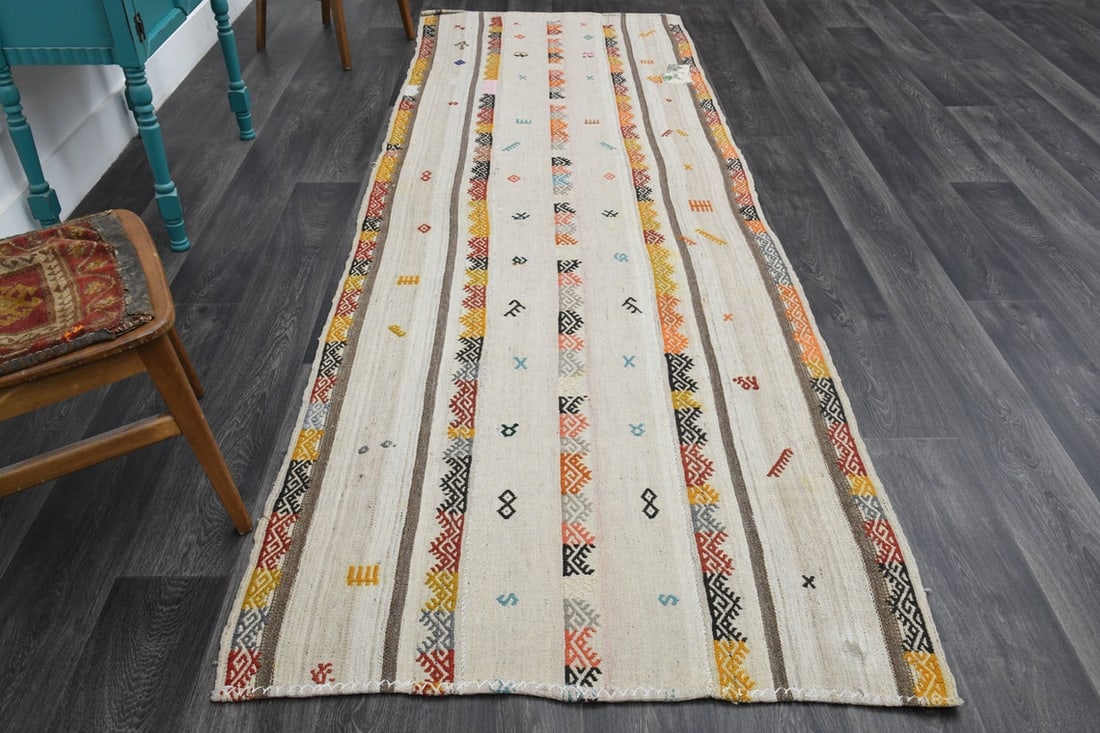 3.8x11.3 ft, TURKISH KILIM Runner: Title: 3.8x11.3 ft, TURKISH KILIM Runner Origin: Turkey Date/Period: 1960 - 1970 Materials: Wool and Cotton Size: Width: 3.8 feet; Length: 11.3 feet Description: This Turkish one-of-a-kind Vintage