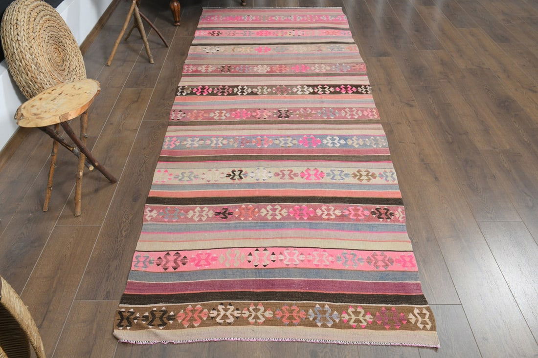 3'7x10'3 ft, SWEET DREAMS, Pink Deco: Title: 3'7x10'3 ft, SWEET DREAMS, Pink Deco Origin: Turkey Date/Period: 1960 - 1970 Materials: Wool and Cotton Size: Width: 3.7 feet; Length: 10.3 feet Description: This Turkish one-of-a-kind Vintage