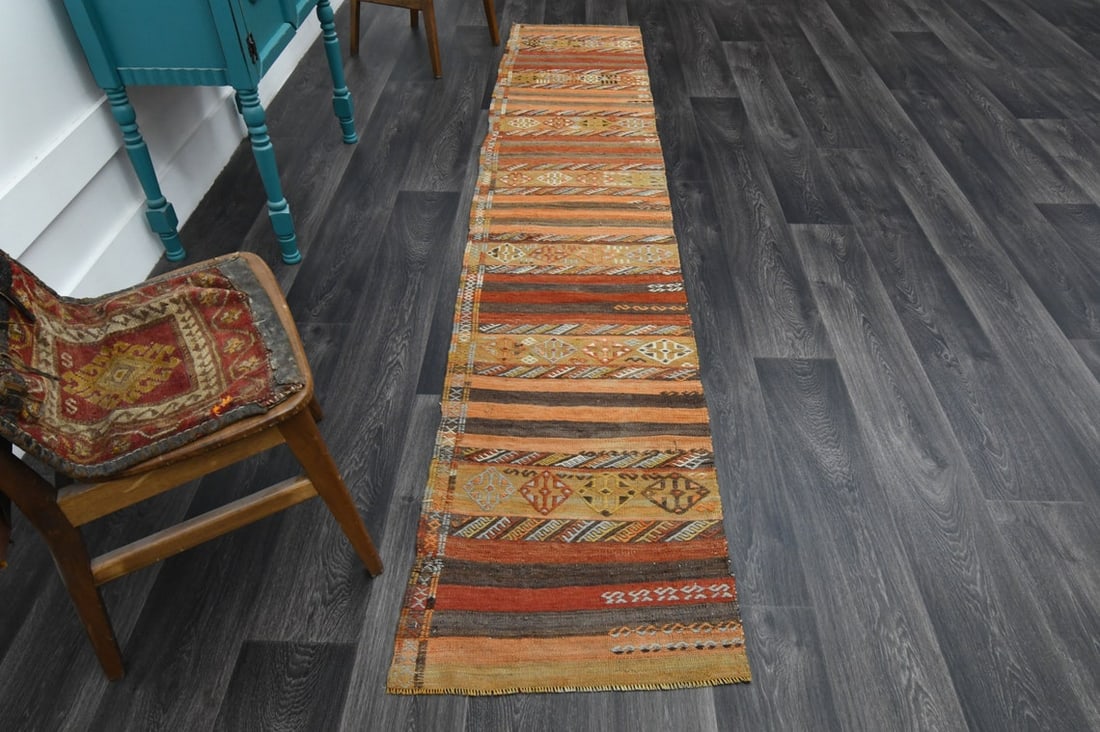 2x10.1 ft, TURKISH KILIM Runner: Title: 2x10.1 ft, TURKISH KILIM Runner Origin: Turkey Date/Period: 1960 - 1970 Materials: Wool and Cotton Size: Width: 2 feet; Length: 10.1 feet Description: This Turkish one-of-a-kind Vintage