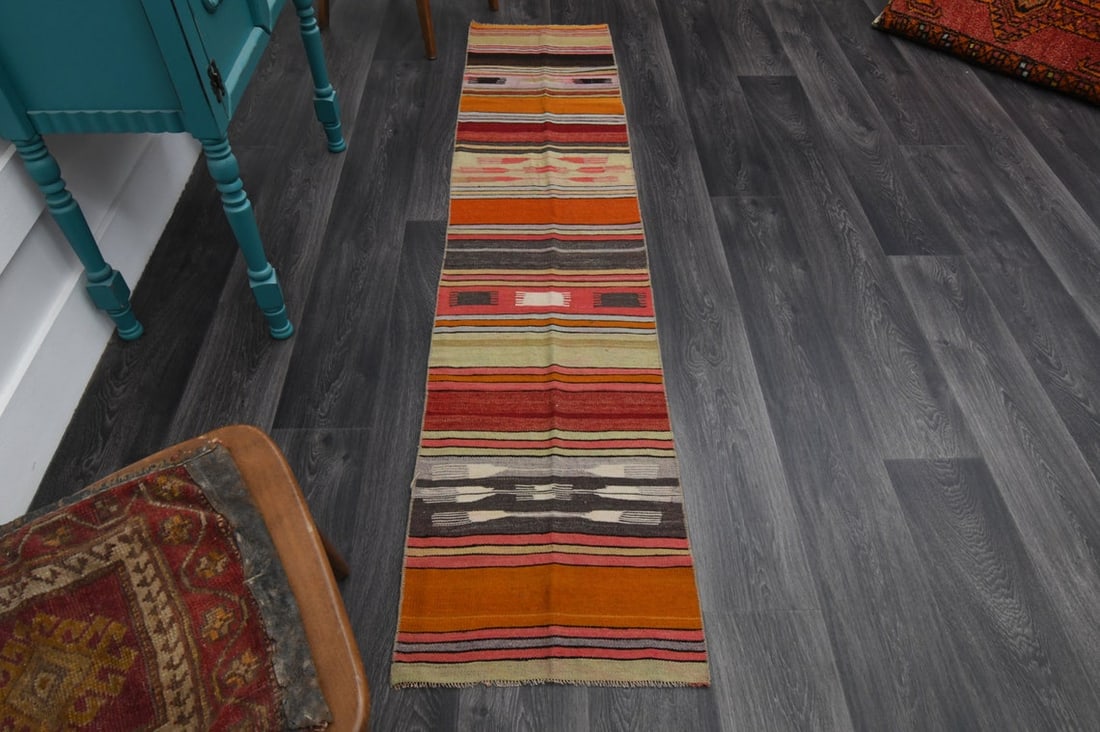 1.6x7.3 Ft, TURKISH Rug, Vintage: Title: 1.6x7.3 Ft, TURKISH Rug, Vintage Origin: Turkey Date/Period: 1960 - 1970 Materials: Wool and Cotton Size: Width: 1.6 feet; Length: 7.3 feet Description: This Turkish one-of-a-kind Vintage