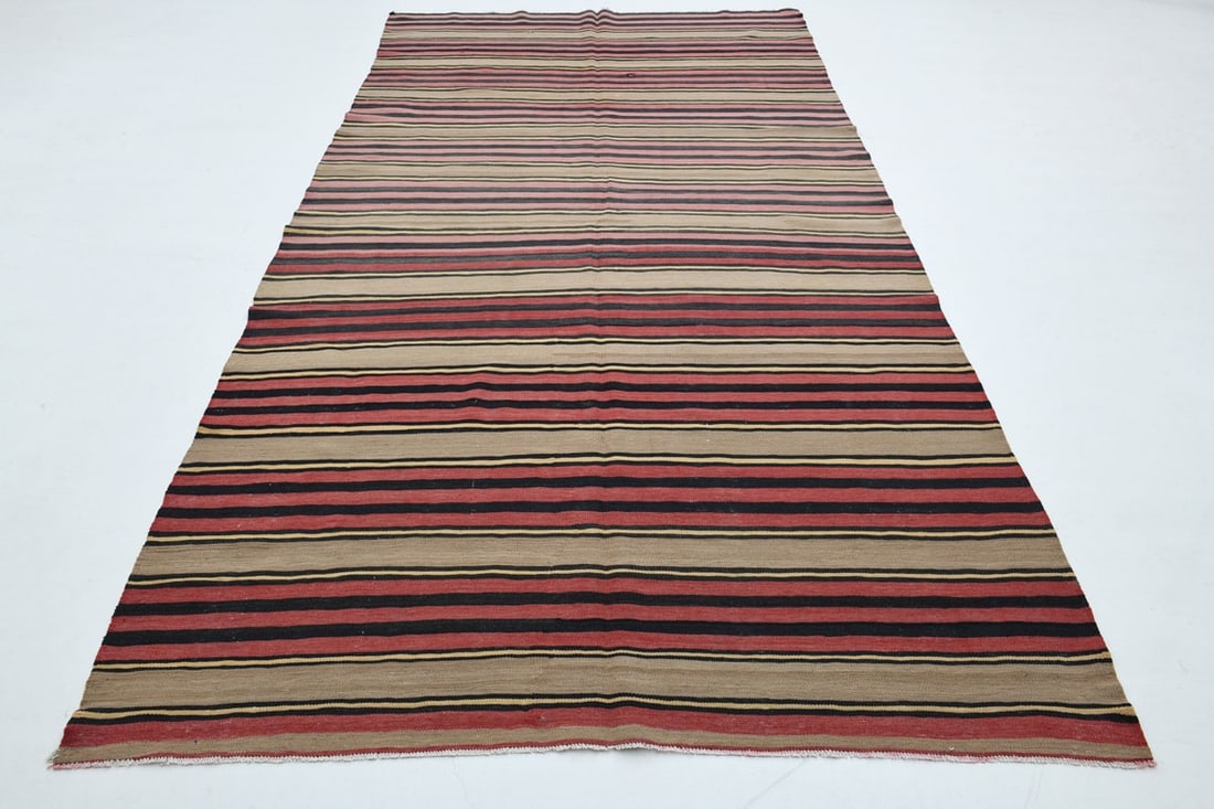 5.6x10.7 ft, RED KILIM RUG: Title: 5.6x10.7 ft, RED KILIM RUG Origin: Turkey Date/Period: 1960 - 1970 Materials: Wool and Cotton Size: Width: 5.6 feet; Length: 10.7 feet Description: This Turkish one-of-a-kind Vintage Flatweave