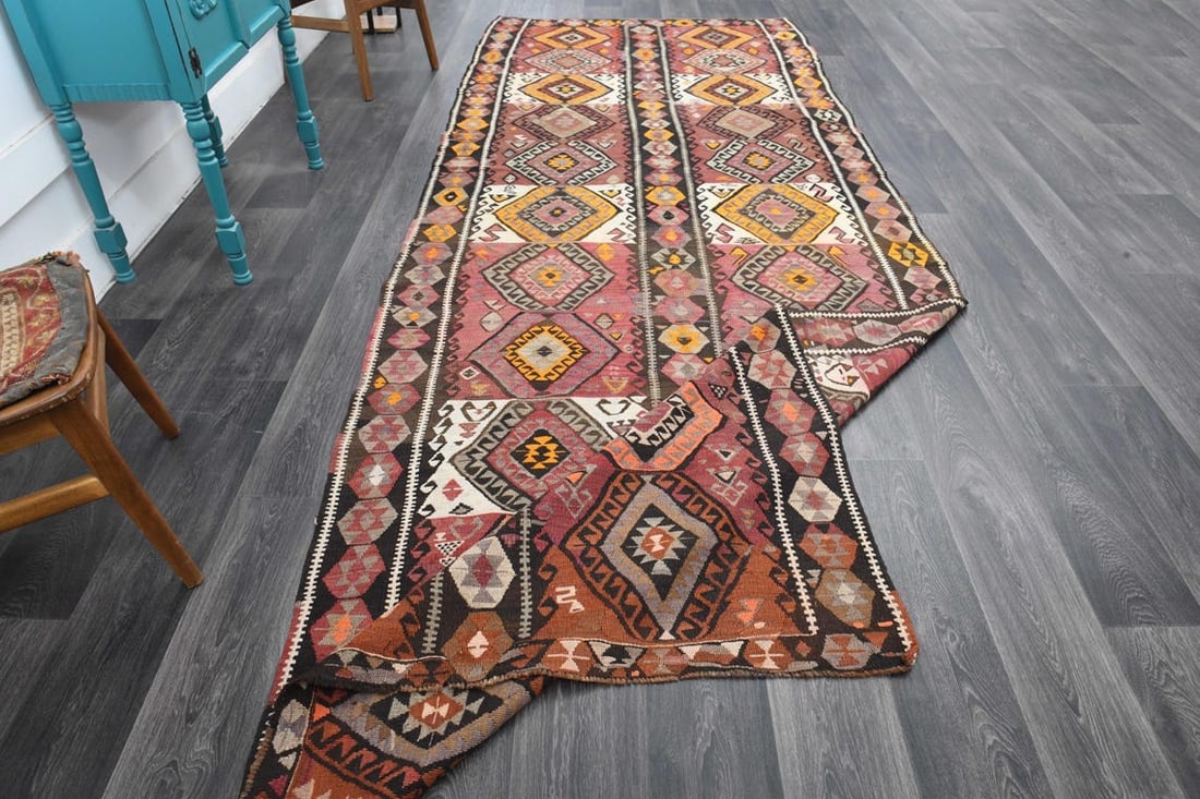 5x13.5 ft, WIDE TURKISH KILIM Runner: Title: 5x13.5 ft, WIDE TURKISH KILIM Runner Origin: Turkey Date/Period: 1960 - 1970 Materials: Wool and Cotton Size: Width: 5 feet; Length: 13.5 feet Description: This Turkish one-of-a-kind Vintage