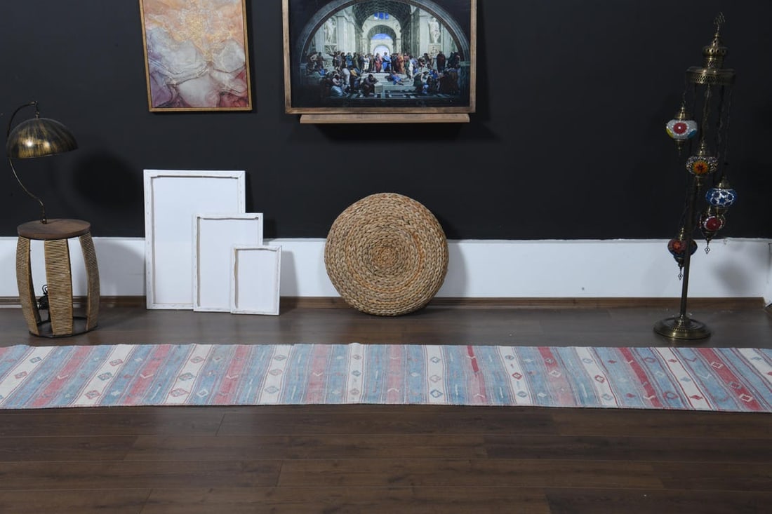 2.2x13.9 ft, PINK BLUE WHITE, Vintage Turkish Rug, Striped Runner - 10