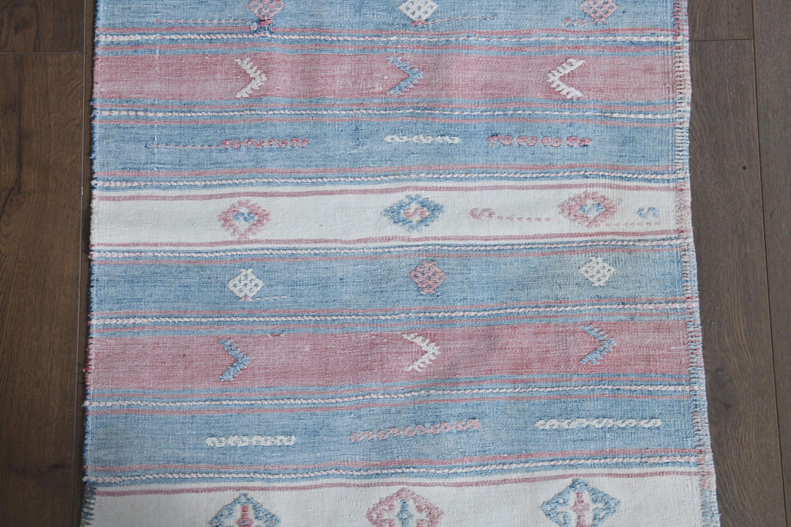 2.2x13.9 ft, PINK BLUE WHITE, Vintage Turkish Rug, Striped Runner - 12