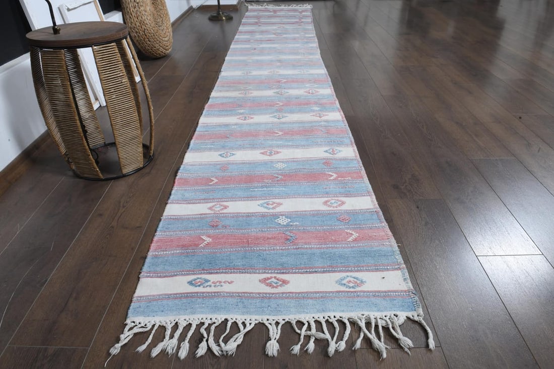 2.2x13.9 ft, PINK BLUE WHITE, Vintage Turkish Rug, Striped Runner - 2