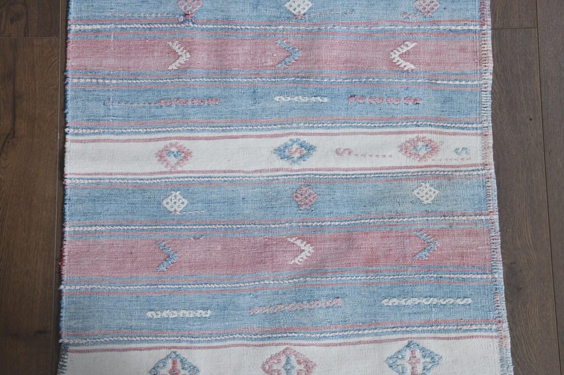 2.2x13.9 ft, PINK BLUE WHITE, Vintage Turkish Rug, Striped Runner - 3