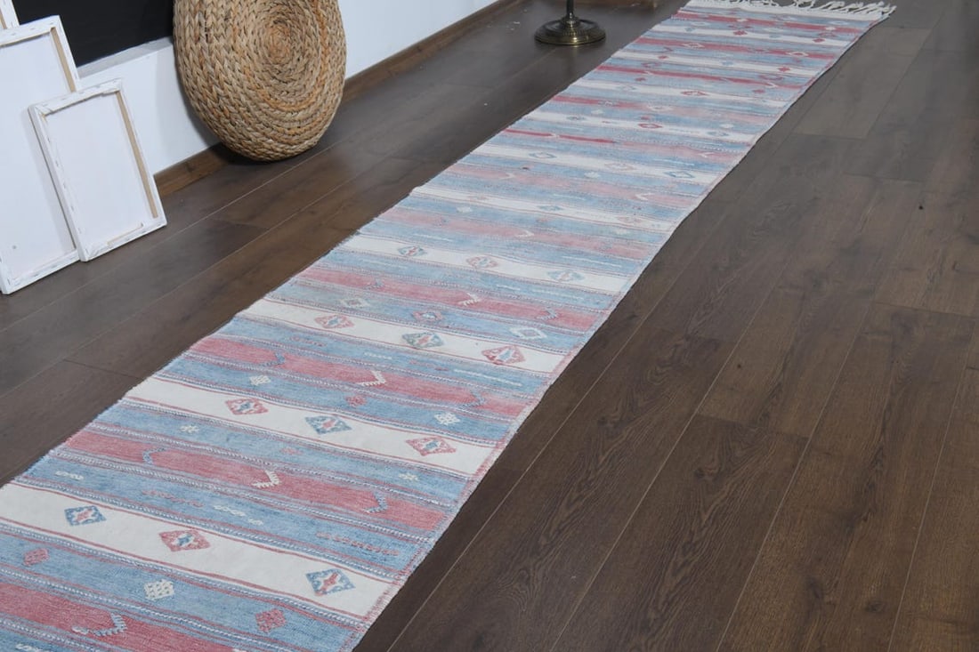 2.2x13.9 ft, PINK BLUE WHITE, Vintage Turkish Rug, Striped Runner - 4