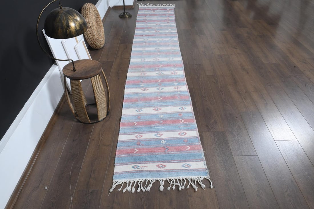 2.2x13.9 ft, PINK BLUE WHITE, Vintage Turkish Rug, Striped Runner - 7